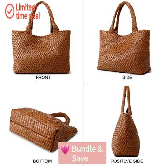 Large Vegan Leather Tote Bag with Shoulder Strap and Bonus Clutch - Picture 7 of 8